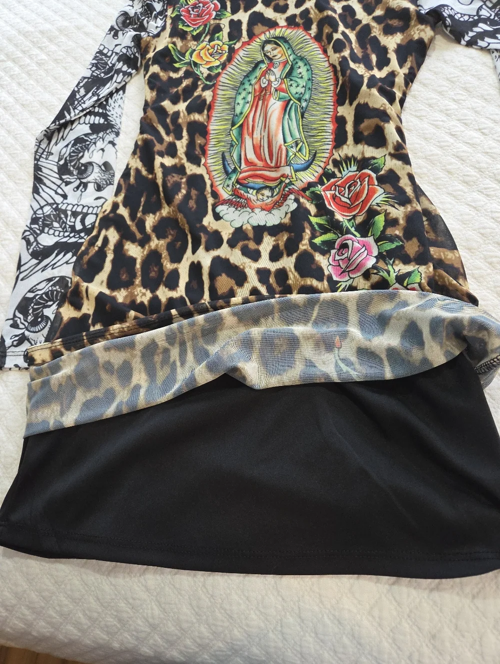 Ed Hardy Dolls Kill Sz Small Leopard Mesh Bodycon Mini Dress Virgin Mary Graphic - Picture 9 of 12